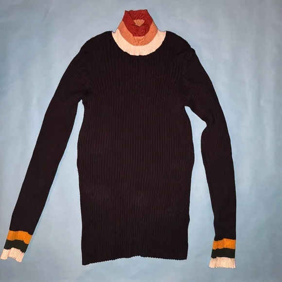 Faherty Womens Ribbed Black Retro Stripe Turtleneck Size Large Cashmere Blend - Picture 2 of 6